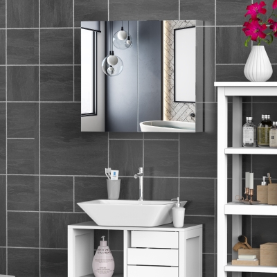 HOMCOM Bathroom Mirror Cabinet - Stainless Steel Wall Mounted Bathroom Storage Cabinet with Double Doors, 60x55cm