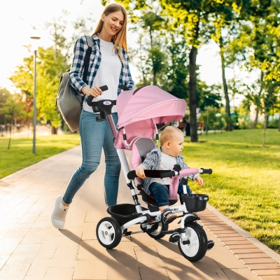 HOMCOM 6-in-1 Kinder Driewieler met Duwstang, Dak, Gordel, Opbergmand, 18+ Maanden, Roze
