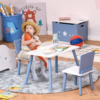HOMCOM 3 Pcs Kids Table & Chairs Set with Wood Legs, Safe Corners, Cute Stars, Mini Furniture for Home, Playroom, Bedroom, Dining Room, Blue