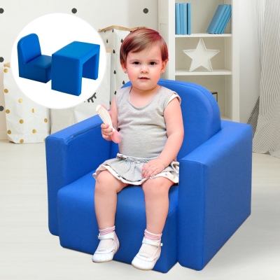 HOMCOM Kids Armchair, 2 in 1 Kids Table Chair Set, Multifunctional Convertible Mini Sofa with Sponge Supportive Wooden Frame, for Game Relax Playroom, for 3 Years Old Girl Boys, Blue