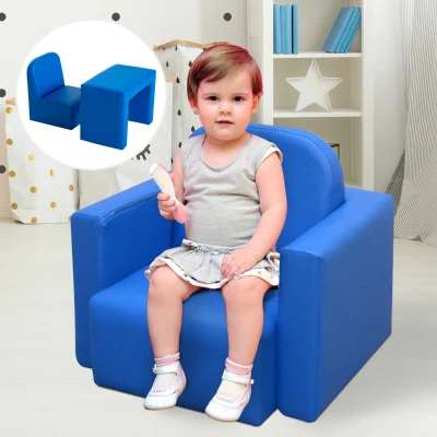 HOMCOM Kids Armchair, 2 in 1 Kids Table Chair Set, Multifunctional Convertible Mini Sofa with Sponge Supportive Wooden Frame, for Game Relax Playroom, for 3 Years Old Girl Boys, Blue