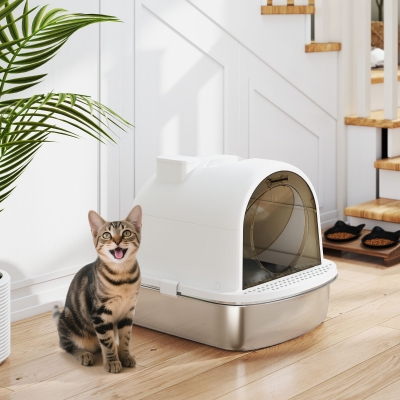 PawHut Arenero para Gatos de Acero Inoxidable con Cubierto Bolsa Desodorizante Pala Fácil de Limpiar 52,4x41,3x39,9 cm Blanco