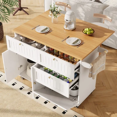 Rolling Mobile Kitchen Island Cart with Drawer and Storage Cabinet, White