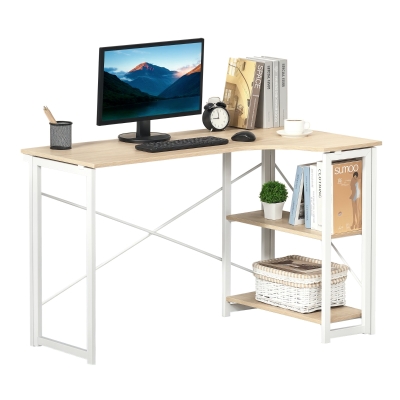 HOMCOM L Shaped Folding Desk with 2-Tier Shelf Oak Tone 120cm