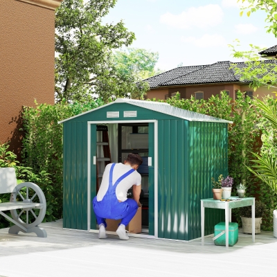 Outsunny Caseta de Jardín 213x130x185 cm Cobertizo Metálico de Exterior para Almacenamiento de Herramientas Verde Oscuro