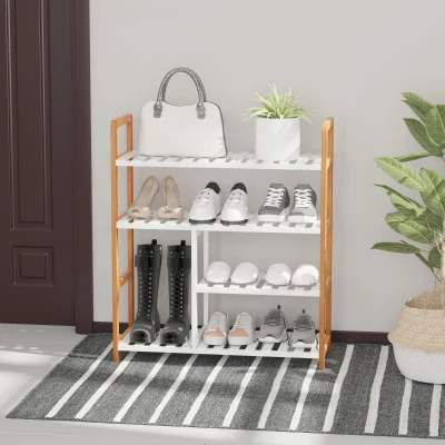 HOMCOM 4 Tier Shoe Racks, Narrow Shoe Shelf with Wooden Frame, Storage Stand Organizer for Hallway, 78 x 68 x 26 cm, Natural