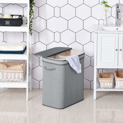 HOMCOM 100 Litre Foldable Wood Laundry Basket A Compartment with Flip Lid Removable Lining Handles Dirty Clothes Storage Grey