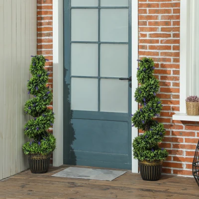 HOMCOM Tweedelige Kunstplanten-set, Spiraldesign, Cementsokkel, Groen