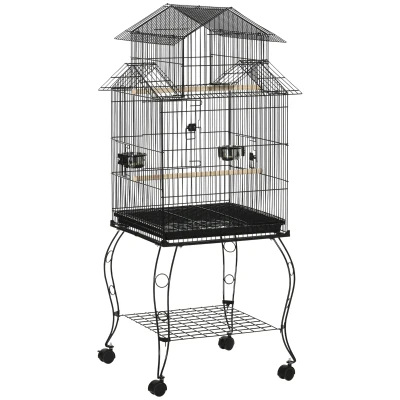 PawHut Jaula para Pájaros con Ruedas Pajarera con Soporte y Estante para Cacatúa ninfa Cotorra del Sol 50x49x137 cm Negro
