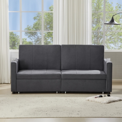 Convertible Fabric Sofa Chair with Cup Holders and Side Pockets, Gray
