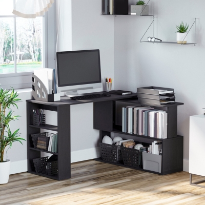 HOMCOM Escritorio en L con Estantería Mesa de Escritorio con Estantes para Oficina Estudio 120x110x74,5 cm Negro