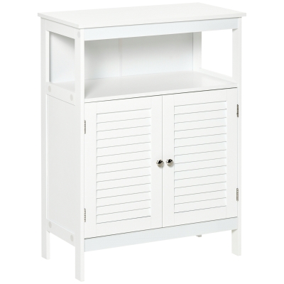 kleankin Mueble Auxiliar de Baño Armario para Baño con 2 Puertas de Persianas Estante Abierto Gran Espacio de Almacenamiento Diseño Moderno 60x30x81,6 cm Blanco