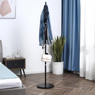 HOMCOM Coat Rack, Free Standing Hat Stand with 8 Hooks for Clothes, Hats, Steel Coat Stand with Marble Base for Entryway, Bedroom, Black
