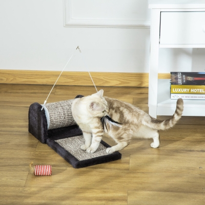 PawHut Cat Scratcher, Sisal Cat Scratching Board Mat Pad with Roller, Feather Toy, Grey