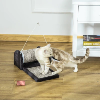 PawHut Cat Scratcher, Sisal Cat Scratching Board Mat Pad with Roller, Feather Toy, Grey