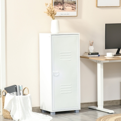 HOMCOM Vertical File Cabinet, Mobile Filing Cabinet with 3-Tier Cabinet and Metal Louvred Door for Home Office, White