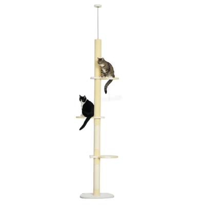 PawHut Árvore para Gatos do Chão ao Teto com Altura Ajustável 3 Plataformas Poste de Sisal e Bola para Brincar 47x34x220-260cm Creme