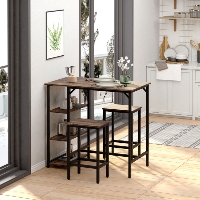 HOMCOM 3 Piece Industrial Bar Table Set, Bar Table with 2 Stools and Side Shelf, Kitchen Table and Chairs for Dining Room, Dinette
