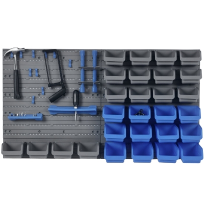 DURHAND Estantería de Pared para Herramientas 54x95 cm con 28 Cajas Apilables y Diferentes Ganchos Gris y Azul