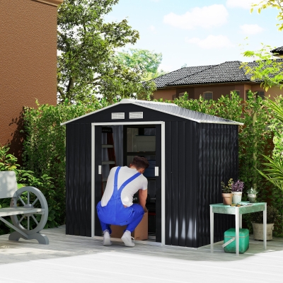 Outsunny Caseta de Jardín 213x130x185 cm Cobertizo Metálico de Exterior para Almacenamiento de Herramientas Gris Oscuro