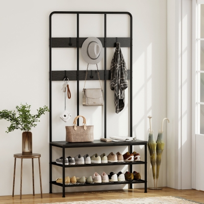 HOMCOM Portemanteau 3 en 1 Noir avec Banc et Rangement Chaussures