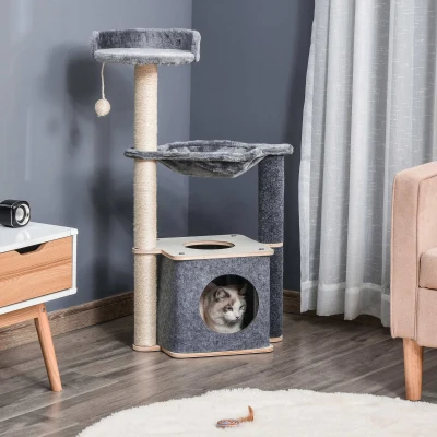 PawHut Cat Tree for Indoor Cats 95cm Climbing Tower Kitten Activity Center with Sisal Scratching Post Perch Roomy Condo Hammock, Grey