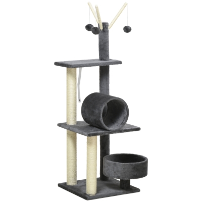PawHut Cat Tree Tower 121cm Scratching Post Bed Tunnel Grey