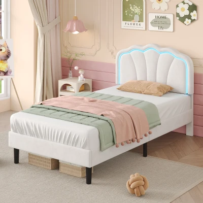 Single Upholstered Bed Frame with Adjustable Shell Headboard and RGB LED, White