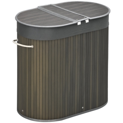 HOMCOM Bamboo Laundry Basket 100L 2-Section Grey 62.5x37cm