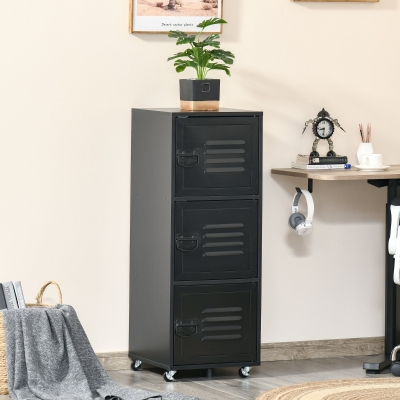 HOMCOM Vertical File Cabinet, Rolling Filing Cabinet with Wheels and Metal Doors for Home Office, Black