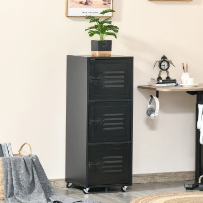 HOMCOM Vertical File Cabinet, Rolling Filing Cabinet with Wheels and Metal Doors for Home Office, Black