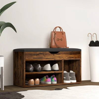 HOMCOM Schuhschrank Schuhbank mit 2 Ebenen, Fach + integrierte Truhe mit Kissen in Mahagoni-Effektholz