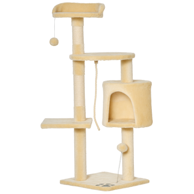 PawHut Katzenbaum Kratzbaum Schlafhöhle Kletterbaum mit Spielbaum Treppe Schlafplatz für Katzen 4 Schichte Beige 40 x 40 x 114 cm