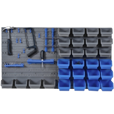 DURHAND Estantería de Pared para Herramientas 54x95 cm con 28 Cajas Apilables y Diferentes Ganchos Gris y Azul