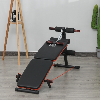 HOMCOM Foldable Sit Up Bench with Resistance Ropes, Core Workout Bench with Adjustable Thigh Support, for Home Gym, Black
