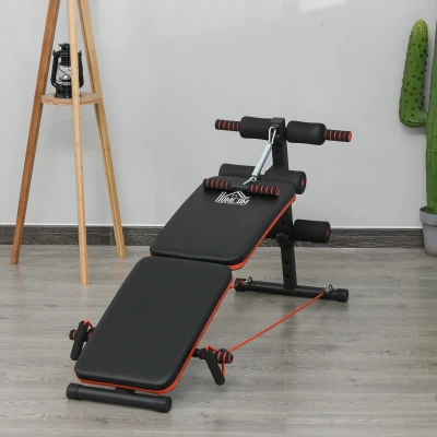 HOMCOM Foldable Sit Up Bench with Resistance Ropes, Core Workout Bench with Adjustable Thigh Support, for Home Gym, Black
