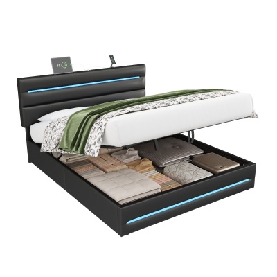 Double Upholstered Bed Frame with Hydraulic Storage, Black