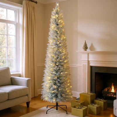 HOMCOM Kerstboom 210 cm, LED-Lichtslinger, Kunststof, Vlamvertragend, Metalen Basis, Groen