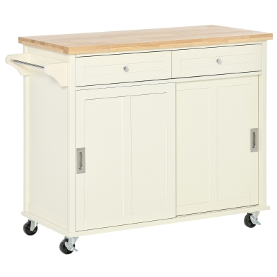 HOMCOM Carrito de Cocina Multifuncional con Ruedas 2 Puertas Correderas 2 Cajones y Barra de Colgar 110x49,5x89,5 cm Crema