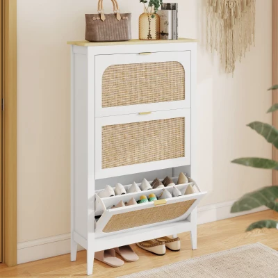 HOMCOM Mueble de zapatos 21 pares bohemio con 3 cajones abatibles, puertas de ratán, 80 x 24 x 131 cm, blanco