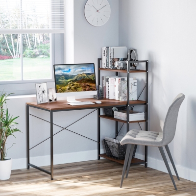 HOMCOM Computer Desk with Storage Shelves, Industrial Writing Table, Study Workstation for Home Office with Metal Frame, Walnut and Black
