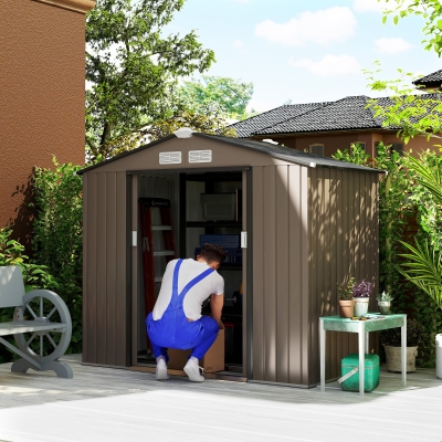 Outsunny Caseta de Jardín Exterior con Base de Refuerzo Sin Suelo 213x130x185 cm con 2 Puertas Correderas y 4 Ventanas Marrón