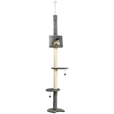 PawHut Árbol Rascador para Gatos Rascador para Fijar al Techo Altura 255 cm con Plataformas Cueva Postes de Sisal Bolas Colgantes Gris Claro