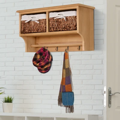 HOMCOM Wall Mounted Entryway Coat Rack, Hallway Storage Shelf  with 2 Baskets and 4 Hooks, Brown