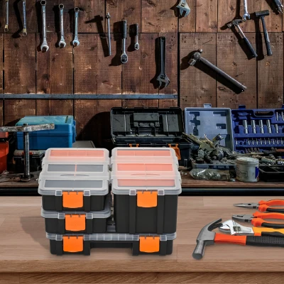 DURHAND Set of Four Plastic DIY Tool Storage Boxes with Inside Dividers Locking Lids for Home Garage Stacking Arts Crafts Bolts Black and Orange