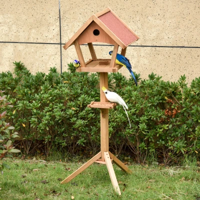 PawHut Wooden Bird Feeder Table Freestanding for Garden Outside with Weather Resistant Roof 49 x 45 x 139 cm Natural
