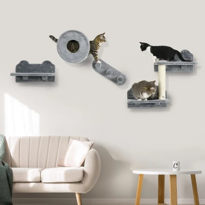 PawHut Wall-Mounted Cat Tree with Steps & House Grey