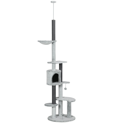 PawHut 255cm Floor to Ceiling Cat Tree with Scratching Posts, Height Adjustable Cat Tower with Hammock, House, Anti-tipping Kit, Perches, Toys, Grey
