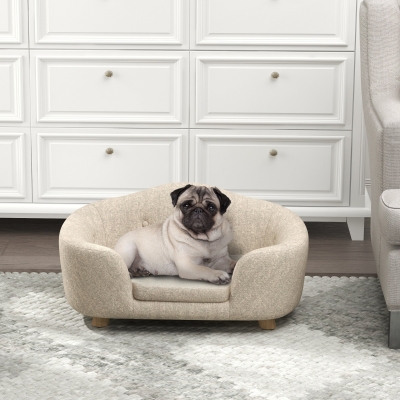 PawHut hondenbank hondenmat hondenmand hondenbank hondenbank kattenbank met kussen achterzak pluche schuim grenen hout beige + lichtgrijs 70 x 47 x 30 cm