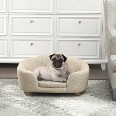 PawHut hondenbank hondenmat hondenmand hondenbank hondenbank kattenbank met kussen achterzak pluche schuim grenen hout beige + lichtgrijs 70 x 47 x 30 cm